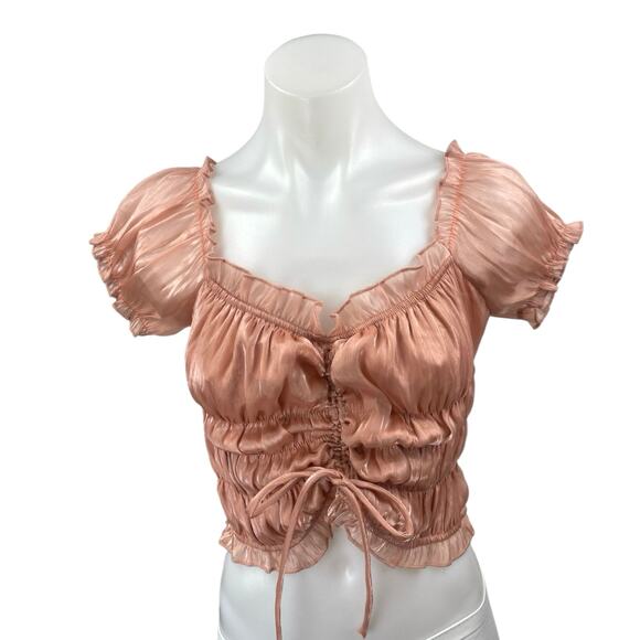 Tiger Mist Pink Metallic Ruched Cinched Short Puff Sleeve Crop Blouse Top Size M - Picture 2 of 5